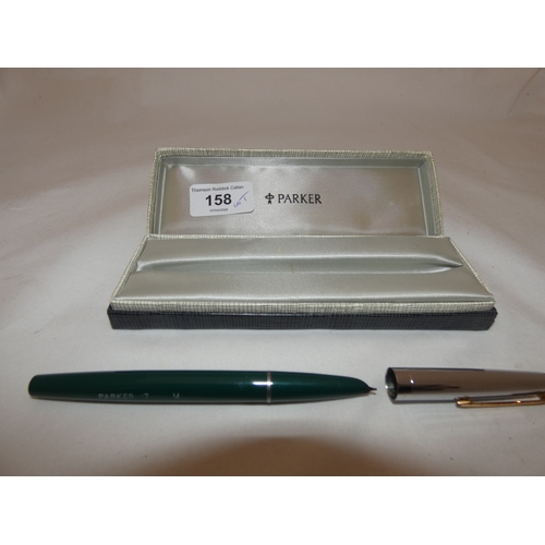 158 - Parker pen in fitted case, and other related pens and ballpoint pens.