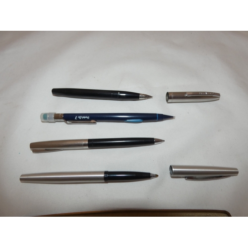 158 - Parker pen in fitted case, and other related pens and ballpoint pens.