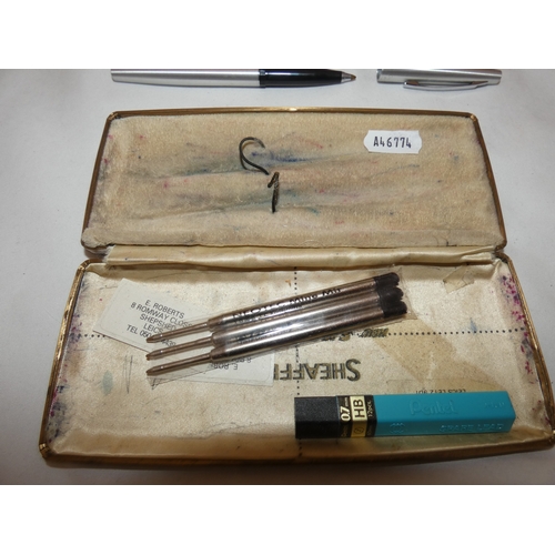 158 - Parker pen in fitted case, and other related pens and ballpoint pens.