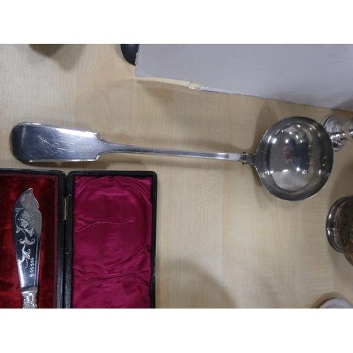 23 - Group of EP and silver plated wares to include sugar sifter, tea pot, ladle, basket, pair of mother ... 