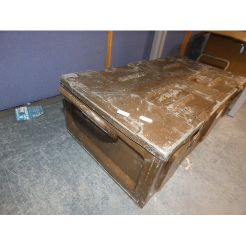 35 - Metal ammunition box containing antique price guide books, shoe lasts etc.