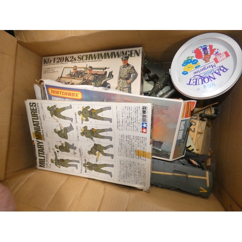 40 - Three boxes of assorted toys to include Action Men - tank, military jeep, Matchbox figures etc.&nbsp... 