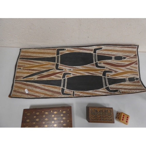 43 - Brass inlaid box, marquetry box, tribal panel etc.