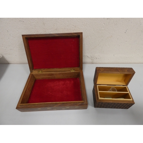 43 - Brass inlaid box, marquetry box, tribal panel etc.