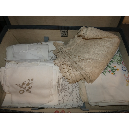 46 - Suitcase of assorted linen and napery.