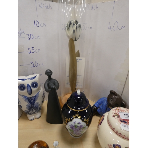 56 - Group of porcelain and collectables to include Delft themed owl figure, teddy bear, boxes etc.&nbsp;