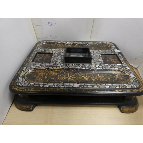 60 - Victorian ebonised and mother of pearl decorated desk stand with later glass inkwells.