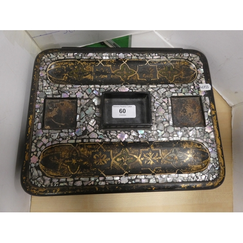 60 - Victorian ebonised and mother of pearl decorated desk stand with later glass inkwells.