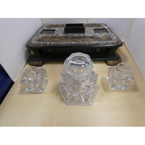 60 - Victorian ebonised and mother of pearl decorated desk stand with later glass inkwells.