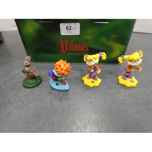 62 - Collection of assorted toy figures in a tin, and domed collectors box with fitted interior.