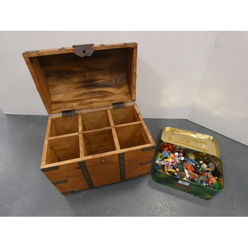 62 - Collection of assorted toy figures in a tin, and domed collectors box with fitted interior.