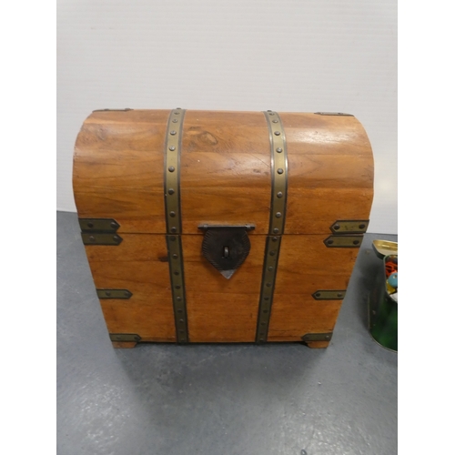 62 - Collection of assorted toy figures in a tin, and domed collectors box with fitted interior.