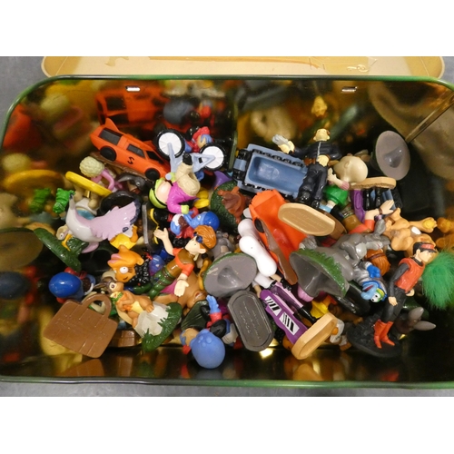 62 - Collection of assorted toy figures in a tin, and domed collectors box with fitted interior.