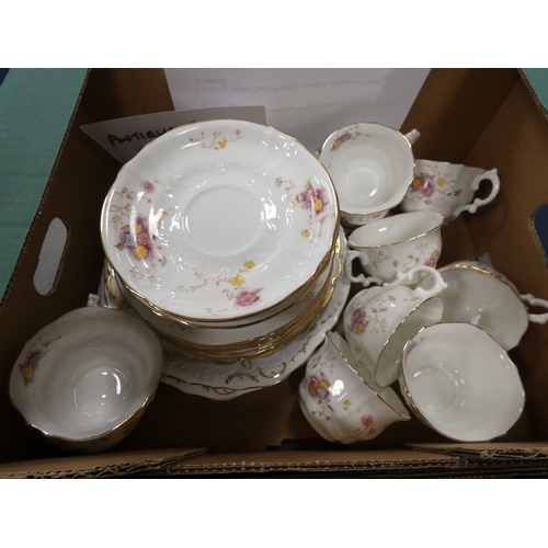 8 - Two boxes of part china tea and dinnerwares to include Adderley & Co etc.&nbsp;