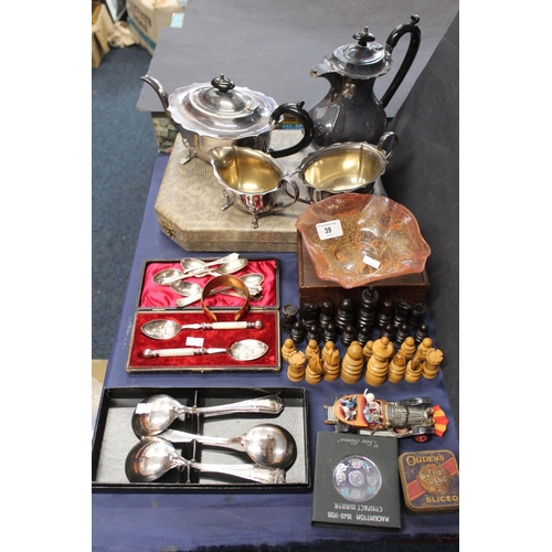 39 - Silver plated four piece tea service, Vasart art glass dish, treen chess set, Corgi Chitty Chitty Ba... 