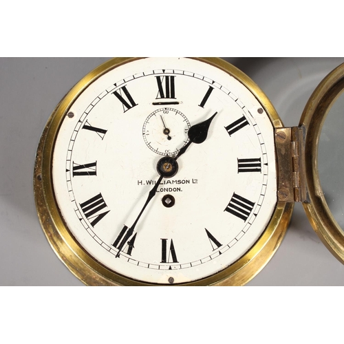 53 - Brass bulk head wall clock H Williamson Ltd of London, 20cm diameter.