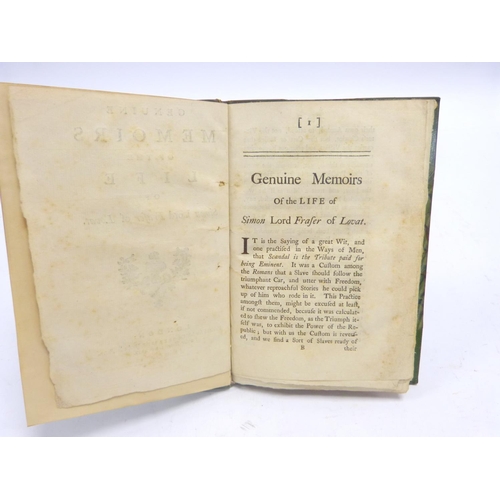 30 - FRASER LORD LOVAT.&nbsp;&nbsp;Genuine Memoirs of the Life of Simon Lord Fraser of Lovat. 57pp. Uncut... 