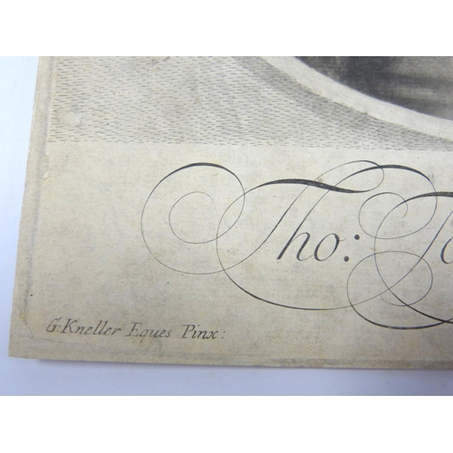 56 - TOMPION THOMAS.  Tho: Tompion, Automatopoeus, half length portrait, the subject holding a watch move... 