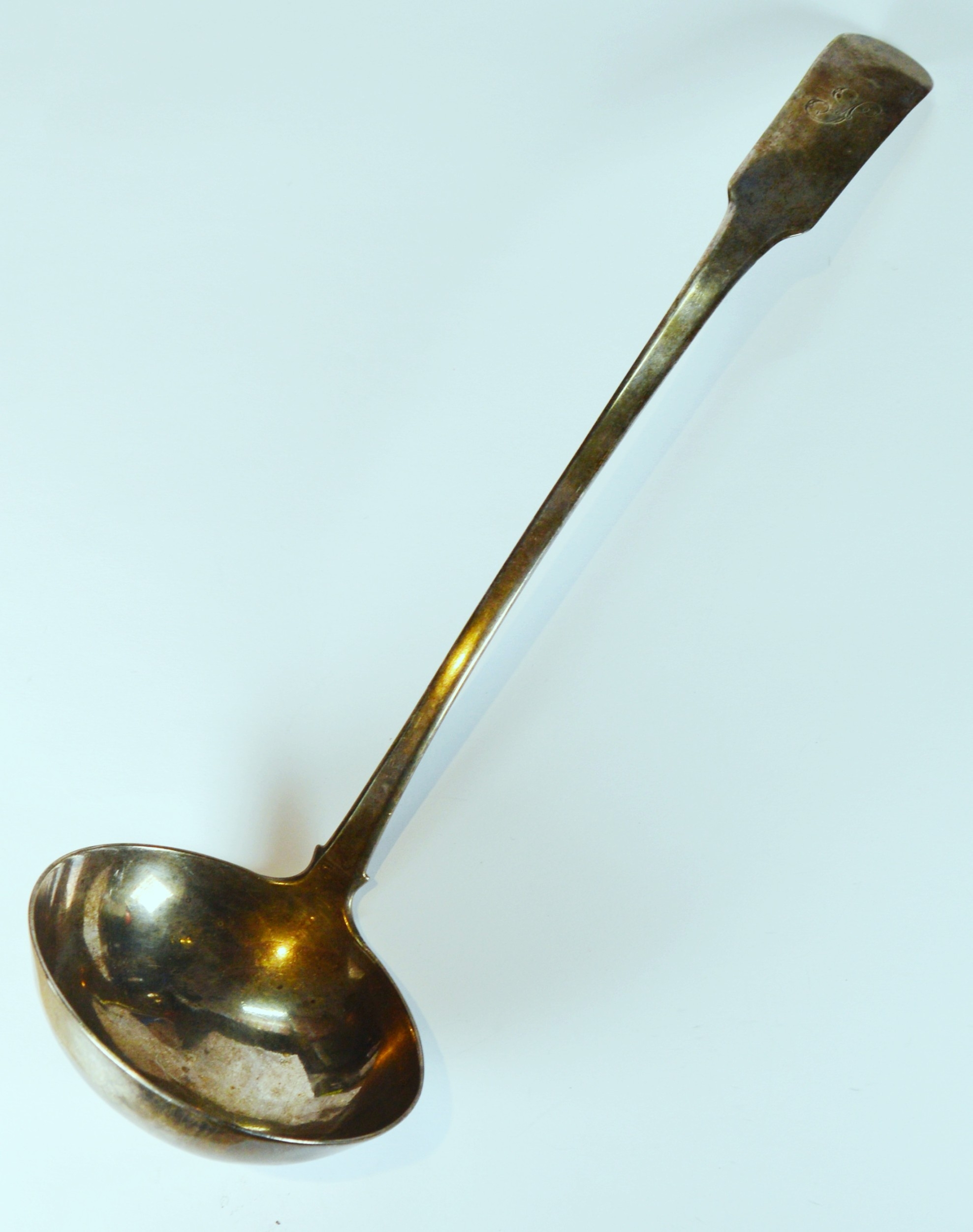 Scottish silver fiddle pattern ladle with large bowl, monogrammed to ...