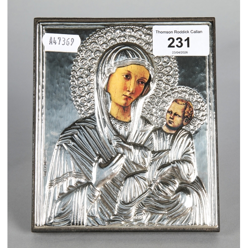 Silver mounted icon depicting Madonna and child, hallmarked 925.