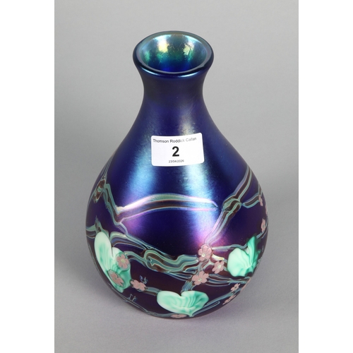 2 - Okra Glass vase with floral glaze, 21cm h, boxed.