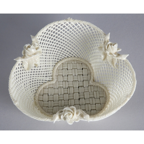 23 - Belleek floral encrusted pierced basket, 14cm w.