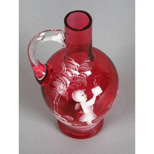 33 - Mary Gregory hand-painted cranberry glass cruet, 16cm h.