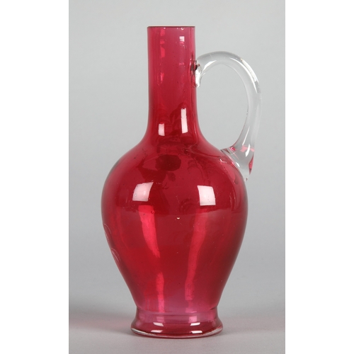 33 - Mary Gregory hand-painted cranberry glass cruet, 16cm h.