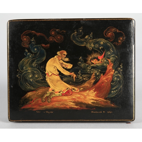 38 - Russian hand-painted lacquer box depicting a mythical scene, 12cm x 10cm.