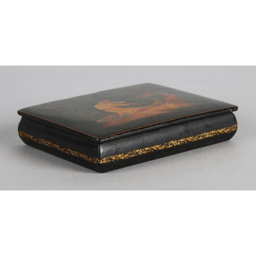 38 - Russian hand-painted lacquer box depicting a mythical scene, 12cm x 10cm.