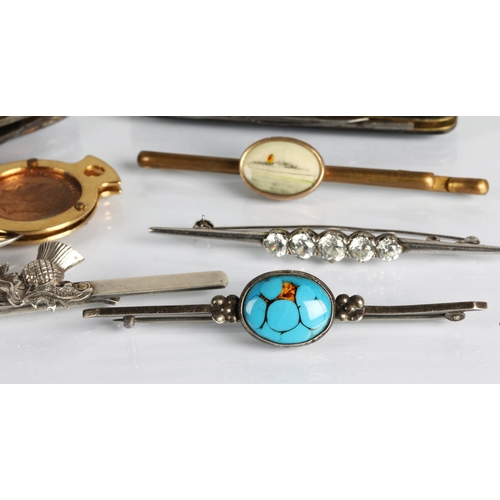 56 - Box of assorted bar brooches, pen knifes etc.