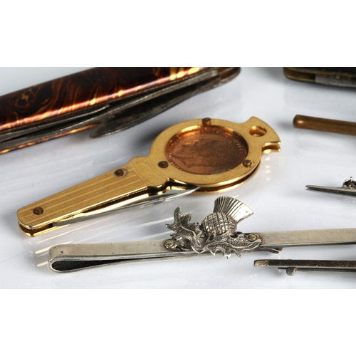 56 - Box of assorted bar brooches, pen knifes etc.