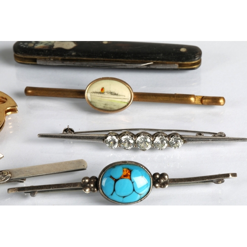 56 - Box of assorted bar brooches, pen knifes etc.