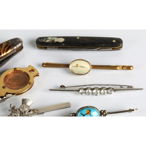 56 - Box of assorted bar brooches, pen knifes etc.