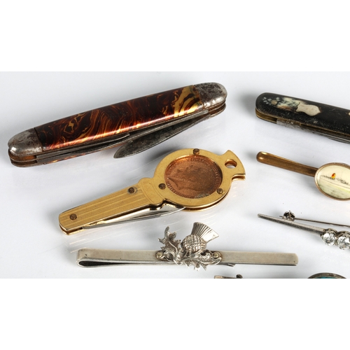 56 - Box of assorted bar brooches, pen knifes etc.