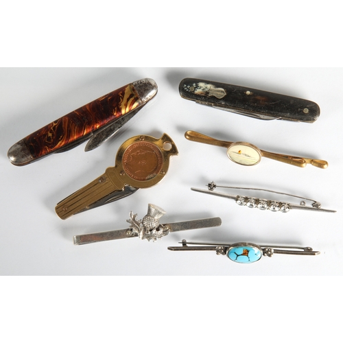 56 - Box of assorted bar brooches, pen knifes etc.