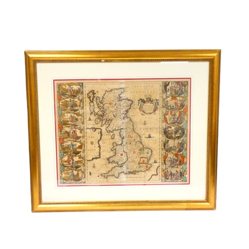 JANSSON JAN.  Britannia ... Anglo-Saxonum ... Heptarchia. 17th century hand col. eng map with historical vignettes to either side, text in Latin to reverse. 44cm x 54cm. Framed. C.1646.