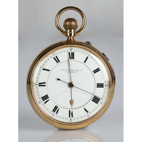 142 - 18ct gold gents open face repeating pocket watch by Thomas Russell & Son, 12 Church Street, Live... 