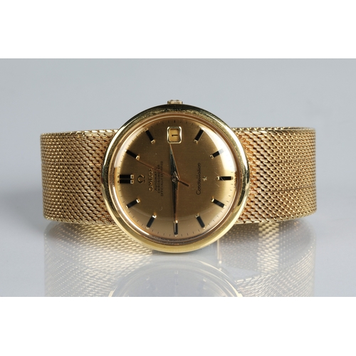 133 - 18ct gold gents Omega automatic constellation wristwatch, gold coloured dial with hour marker batons... 