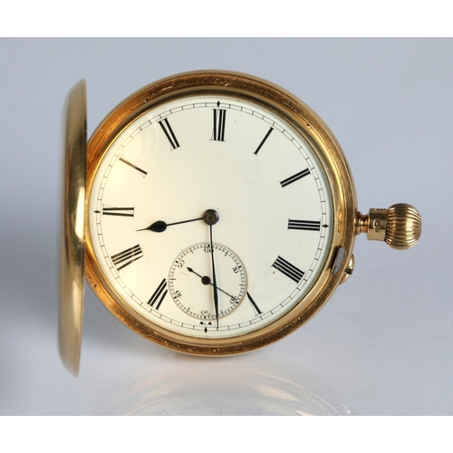 141 - 18ct gold full hunter pocket watch, white enamel dial with Roman numerals and subsidiary seconds dia... 