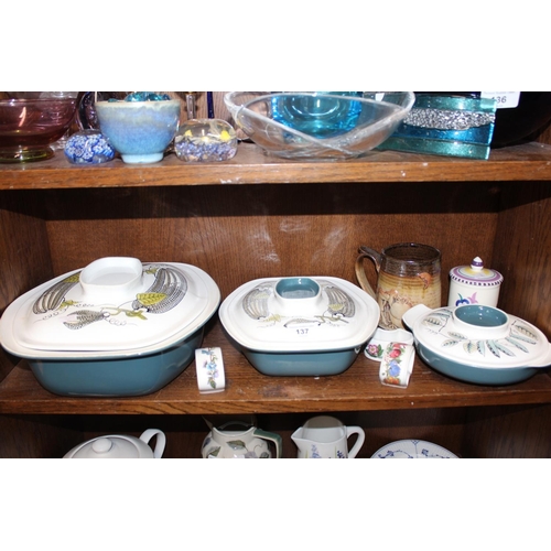 137 - Poole Pottery vegetable tureen, another smaller, three Portmeirion napkin rings, a Black Country Pot... 