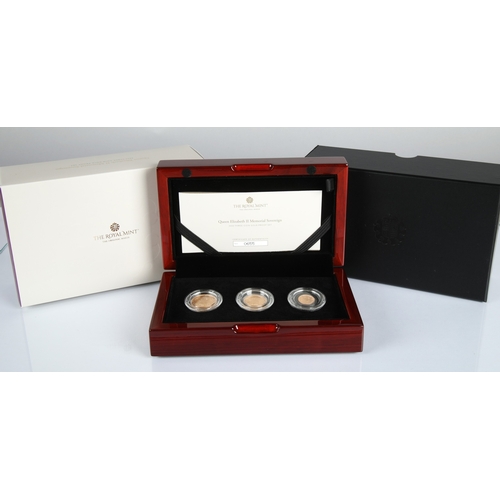 38 - Queen Elizabeth II Memorial Sovereign 2022. Three coin gold proof set comprising of sovereign, half ... 