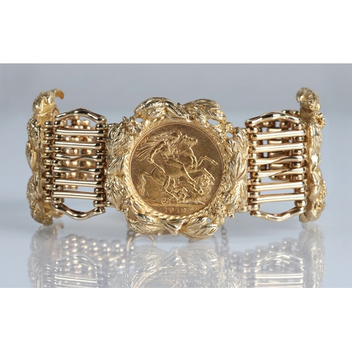 78 - 9ct gold sovereign bracelet, mounted with three gold sovereigns, 1911, 1912, 1913, gross weight 70.3... 