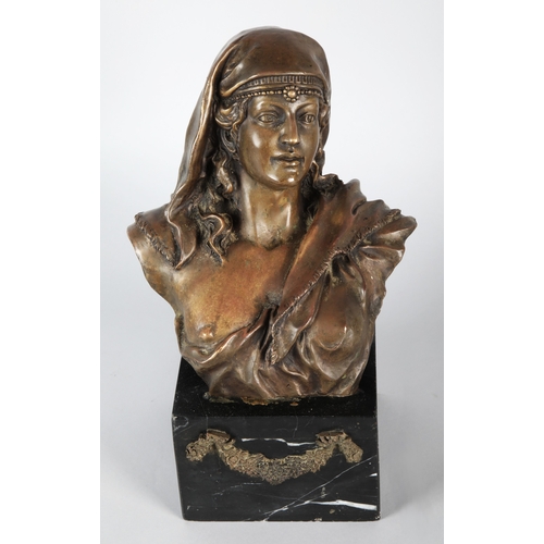 41 - Bronze lady figure bust mounted on black marble base, 33cm h.