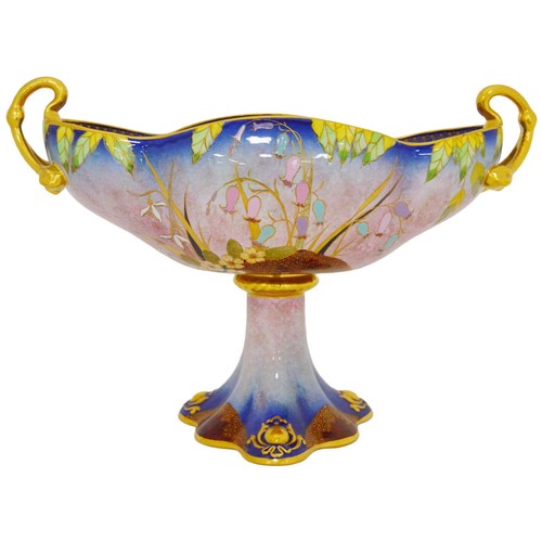 Carlton Ware lustre comport decorated with flowerheads and rich enamels, with gilt handles and rim.