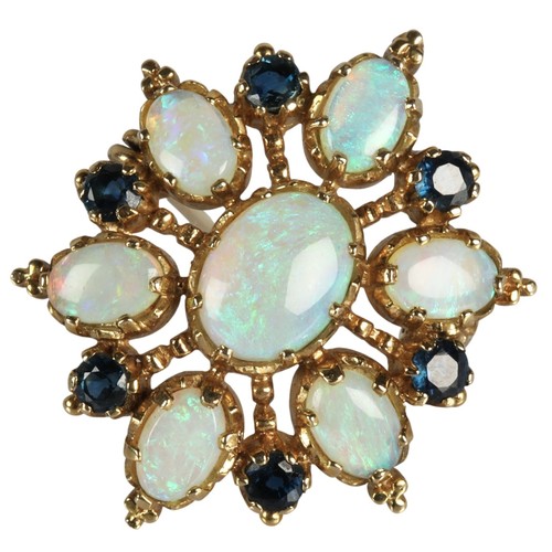 Ladies 9ct gold opal and sapphire pendant/ brooch, gross weight 4.5g.