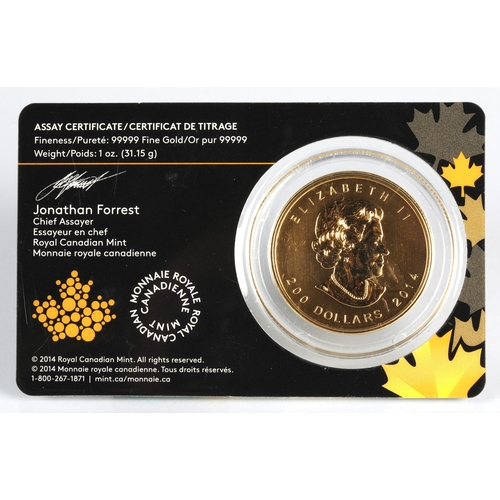 21 - Gold proof 200 Canadian Dollar 2014 Elizabeth II coin, 1oz fine gold 999.99. In unopened capsule.*Pl... 
