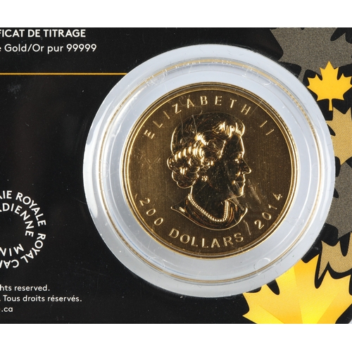 21 - Gold proof 200 Canadian Dollar 2014 Elizabeth II coin, 1oz fine gold 999.99. In unopened capsule.*Pl... 