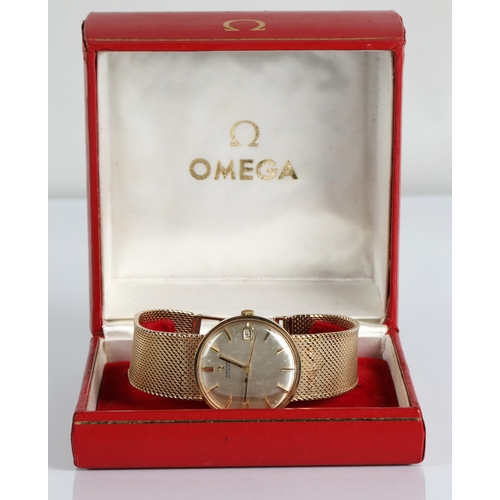 134 - Gents 9ct gold Omega automatic wristwatch with date aperture. Gross weight 63g with box, outer box a... 