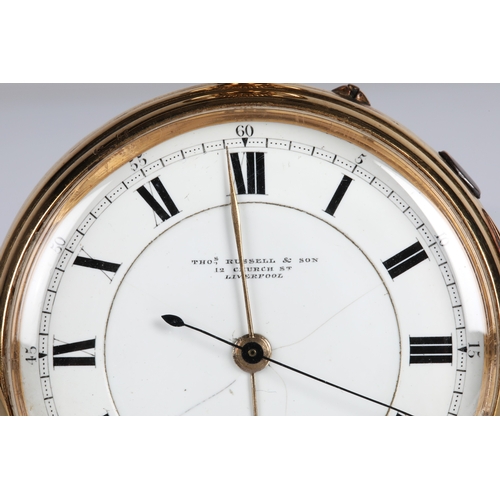 142 - 18ct gold gents open face repeating pocket watch by Thomas Russell & Son, 12 Church Street, Live... 